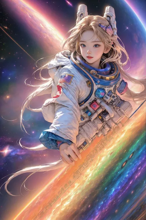 (best quality, masterpiece, colorful, dynamic angle, highest detailed) fashion photography of cute astronaut girl with long iridiscent colorful hair, in space (intricate details, hyperdetailed:1.15), detailed, sunlight passing through hair, (beautiful gala...