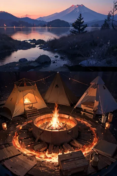 Ultra Wide Angle，high detail，camp，UL Tent，tokyo camp fire pit，Canned Foods，vision，