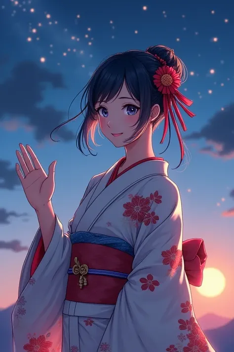 ((Highest quality)), ((masterpiece)), (detailed), Scenery of the old Japan、Real、Beautiful、smile、Waving、kimono、綺麗なsmile、、The background is night