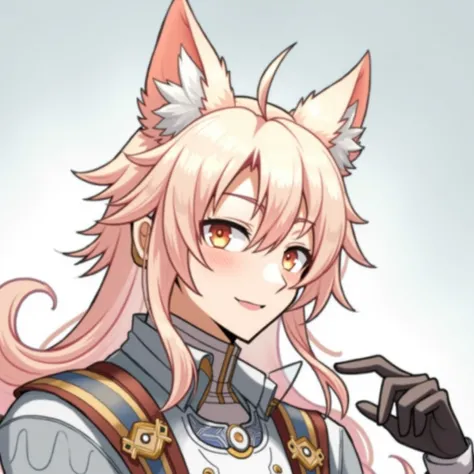 Jiaoqiu from honkai star rail. a man with long peach-colored hair and fox ears.  smile.  eyes are always closed