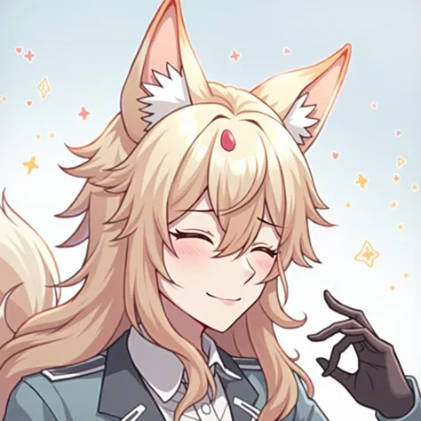 Jiaoqiu from honkai star rail. a man with long peach-colored hair and fox ears.  smile.  eyes are always closed