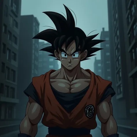 Draw a scared Goku looking at the viewer, from the waist up, in a dark city 