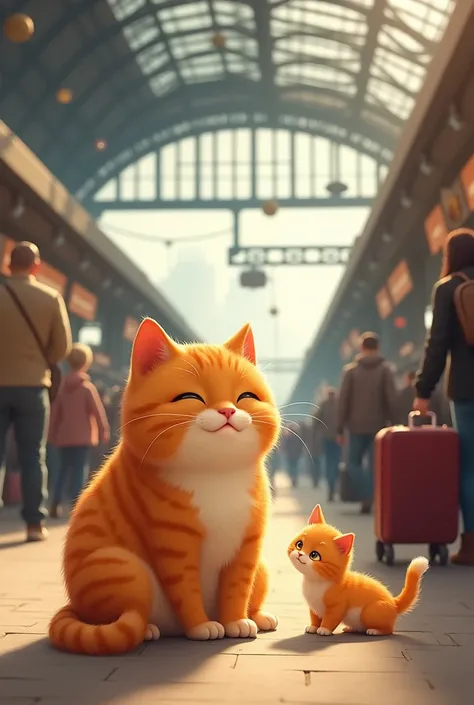 A chubby orange cat with a small orange kitten by his side waits on a bustling railway platform, surrounded by travelers and luggage.