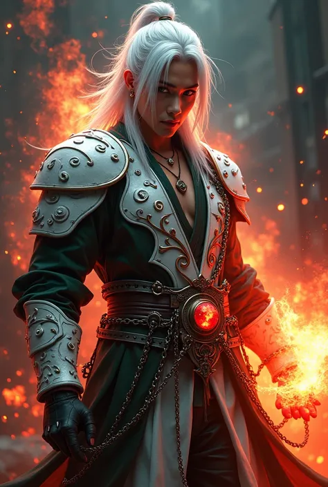 Male age 35, asian, white hair visual kei, wisdom sight, white plate armor, white tiger armor plate, a red ying-yang crystal on the belt , dark green leather matrix gabardine, dark green cargo, arm on red fire, chains around the belt, leather boots with ch...