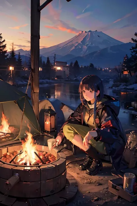 8k,Extremely detailed, masterpiece,High resolution,Highest quality,Increase the resolution,Cinema Lighting,Different space，Ultra Wide Angle，camp，UL Tent，tokyo camp fire pit，Canned Foods，vision，1 girl