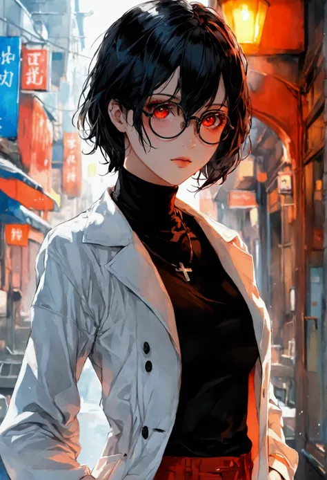 1 woman, anime style, short hair, black hair, narrow eyes, sharp eyes, red eyes, hair over eye, hair over eye, medium-sized chest, sweater, red sweater, black jeans, wide jeans, very wide jeans, high waist jeans, black cross, cross on the neck, long doctor...