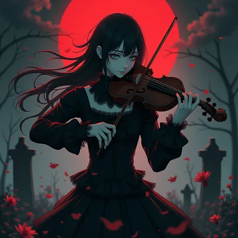 ((Anime boy)(( 1 male with long black hair and teal eyes, dressed in frilly gothic black clothes. His skin is white and pale like a vampire. Playing violin in the graveyard. (((Gloomy)) ((smoky)) ((dark)) ((black and purple)) (((scary))) ((horror))) myster...