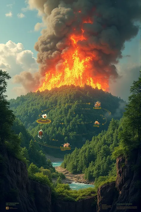 A visual representation of the carbon cycle, highlighting how deforestation contributes to increased CO2 levels and global warming. Alternatively, a photo of a forest fire, which can result from deforestation and further releases carbon dioxide.