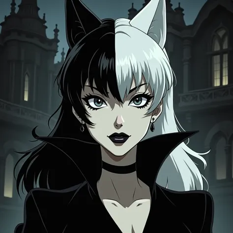 Cruella in  black and white hair in anime version wearing dark makeup and in dark villa