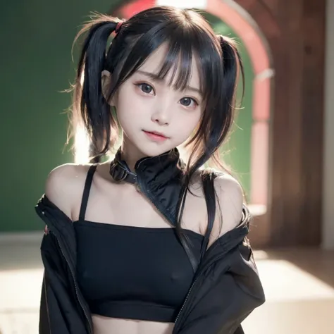 Highest quality、8ｋ、２５age、(((Beautiful girl small breasts))),、Wearing a black jacket、Cyberpunk Red Green Background、(((Upper body naked))),smile,(((Small body))),(((Cute little sister))),、、Round face,Big eyes, Round eyes、No makeup、Sweaty、Childlike face