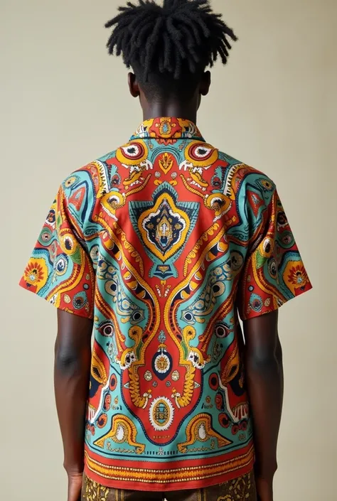 An eye catching, realistic, intricate details, light colored shirt  with agrican art patterns