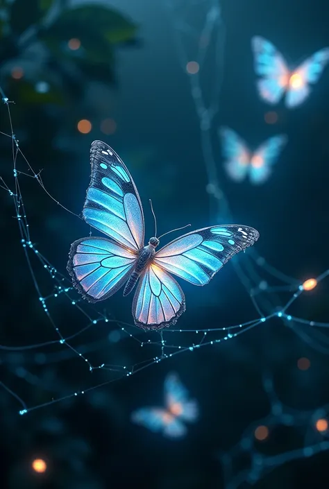 butterflies are flying around a spider web in the dark, 🌺 cgsociety, glowing butterflies, butterflies and sunrays, by Mike Winkelmann, beautiful gorgeous digital art, by Marie Bashkirtseff, full of glass. cgsociety, fairy cgsociety, butterfly lighting, by ...