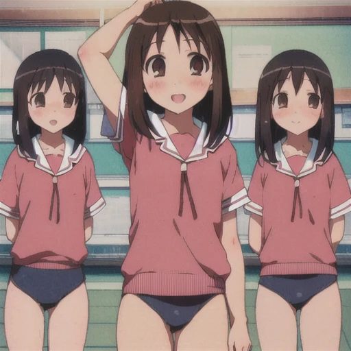 (One person,) ayumu kasuga, Brown Hair, Brown eyes, smile, Open your mouth, Very detailed，high quality，blush，Small breasts，School Swimsuit，(Futanari，Showing off your crotch，)(Put your hands behind your head，)