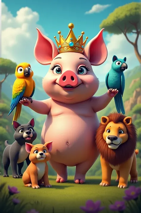 A PIG WITH A CROWN WITH HIS PETS: 2 PARROTS, 2 DOGS, A LION AND A FAILED PIG.