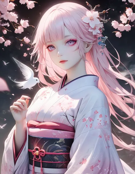 A hyper-realistic, highly detailed, and high-resolution 16k image of a young, beautiful female ghost or guardian spirit. She has light pink hair and translucent skin, and is dressed in a traditional Japanese kimono with a small cherry blossom design on the...