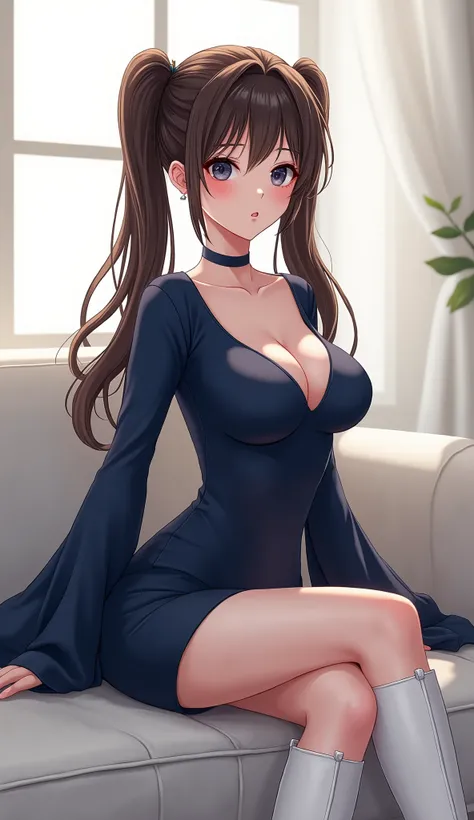 white skin, brown hair with dual ponytails, black eyes, dark blue bodycon, dark blue bell sleeves, white knee boots, tall figure, sitting on a couch, white living room background, fanart