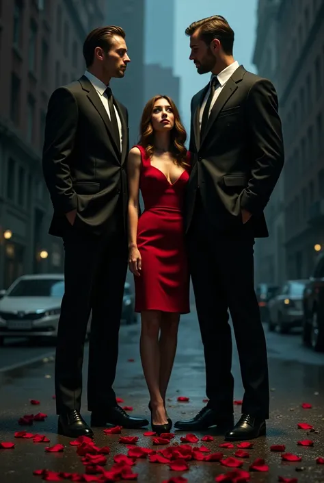 A background of a dark street with bullets and red rose petals on the ground, The girl is between the two men who are almost two meters tall., The girl has a sexy red dress and the men are wearing tailored black suits.  