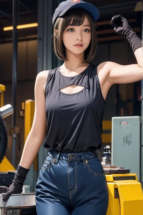 Long Shot, avert your eyes, High resolution、in the factory、Raise your arms、Show your armpits:1.4、Beautiful breasts、、Very slim、Very thin thighs、Girl worker、Working on the machine、Have the tools、Embarrassed Laugh、Tank top:1.3、Heavy duty work trousers、Wearing...