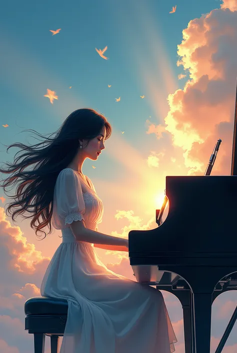 Beautiful sky as a background、A woman in her twenties sitting in front of a piano, pianist, Beautiful digital art, Her long black hair fluttering in the wind, Great composition, Emotional concept art, Great composition, Surrounded by clouds and light, Shin...