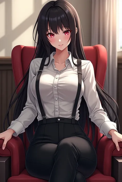 anime style, beautiful woman, sitting on chair, no tie, all button up white dress shirt, black straight long hair, red eyes, wearing suit pants, suspender