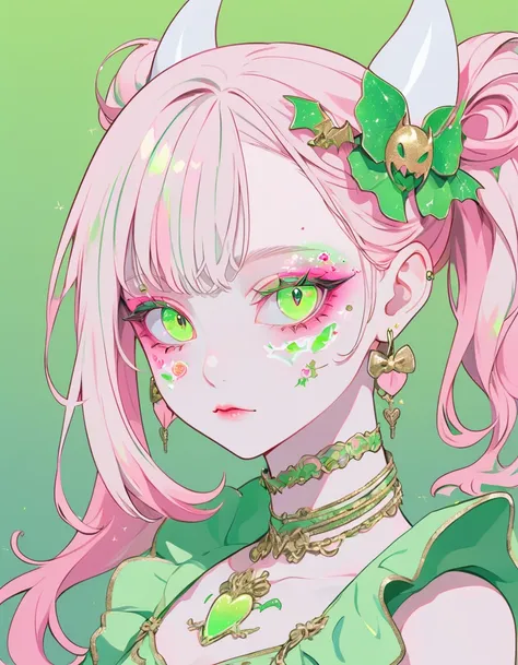 A lovely girl with a pink and white embroidered ribbon around her neck and a bat on her shoulder. Green gradient background, red blush, light green eyes, Fluorescent grout pink green skirt, green exaggerated eye makeup, fluorescent earrings, Gold glitter a...