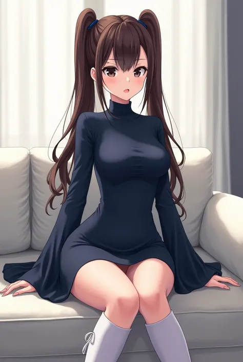 white skin, brown hair with dual ponytails, black eyes, dark blue bodycon, dark blue bell sleeves, white knee boots, tall figure, sitting on a couch, white living room background, fanart