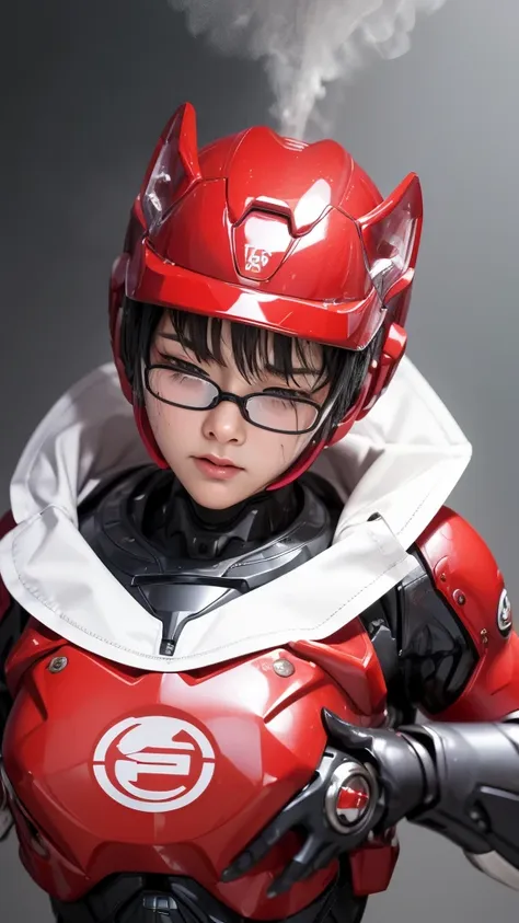 highest quality　8k red cyber robot suit girl　kindergarten　sweaty face　cute　short hair　boyish　steam coming out of my head　my hair...