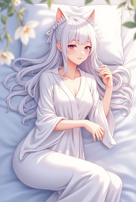 Japanese anime style，White-haired girl，On the bed，Wear white，Charm，A little bit of reality，Some body details，Cat girl，Bust A，No