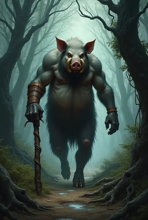 A pig man whose right hand was replaced with a rusty old iron hand has large tusks and a beard holding a wooden stick Walking in the middle of a very scary forest 