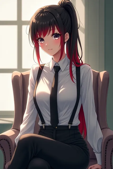 anime style, beautiful anime girl, sitting on chair, no tie, white dress shirt, red and black ponytail hair, black eyes, wearing suit pants, suspender, all button up, not smiling