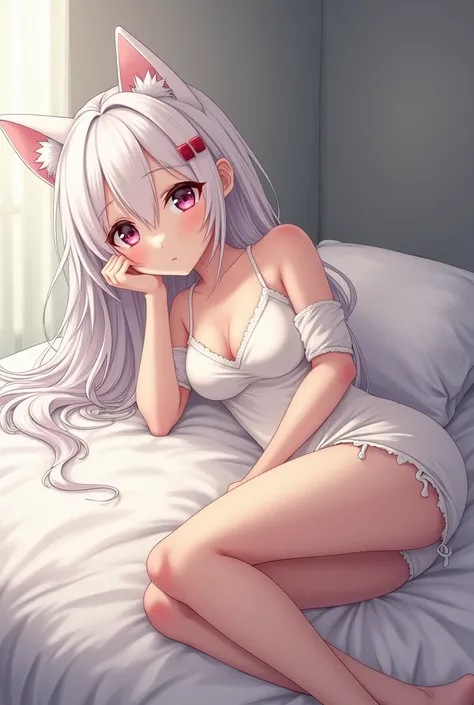 Japanese anime style，White-haired girl，On the bed，Wear white，Charm，A little bit of reality，Some body details，Cat girl，Bust A，Only wearing