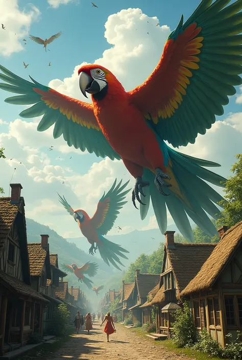 Imagine a pack of giant parrots destroying a village