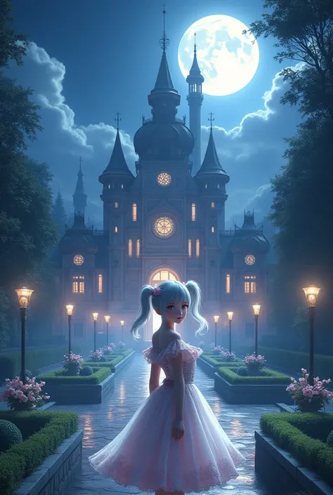 A palace with a full moon and a character with a pretty dress and two white pigtails
