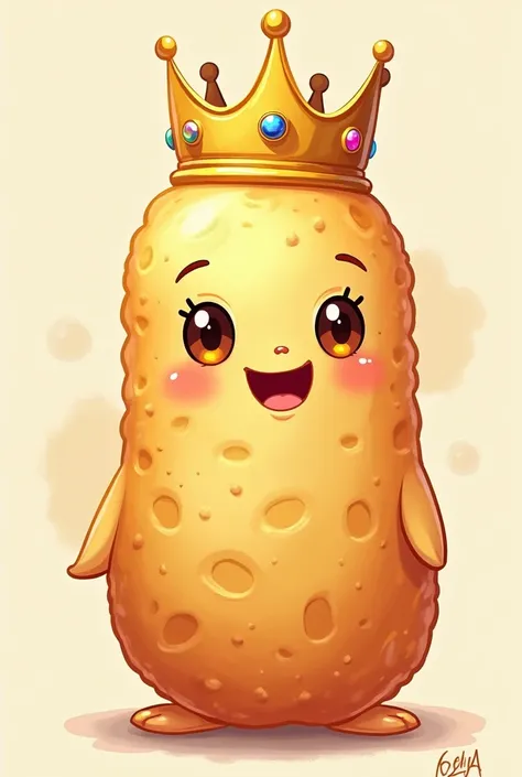 Create for me an illustration of a Brazilian pastel with a big, friendly smile, wearing a golden crown. The pastry would have a golden and crispy tone., with details that show its texture. The crown would be adorned with small gemstones or colorful details...