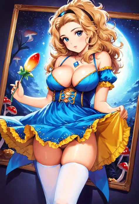 a beautiful 20 year old blonde Kate Upton with big messy hair in a blue dress, white stockings, black headband, cleavage, holding a glowing mushroom, fantasy art style,  cartoon vibrant, cute detailed digital art, colorful digital fantasy art, digital fant...