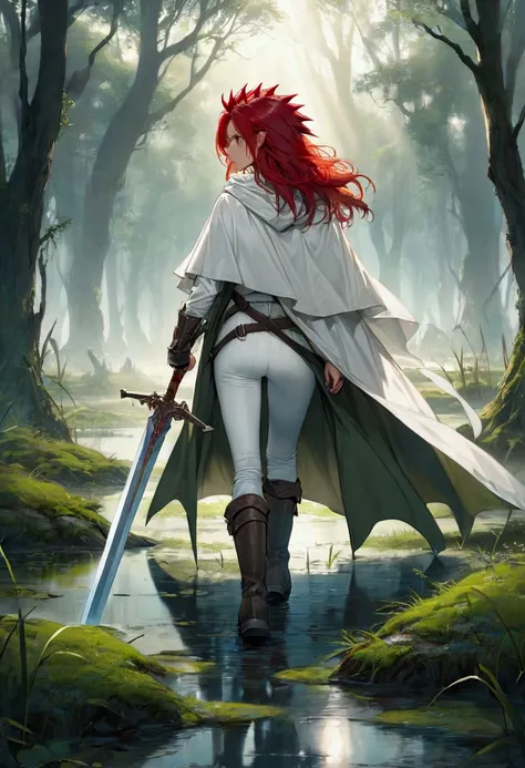 a young human woman with spiky red mane and white tight clothing of shirt and pants and boots and cloak with a greatsword at her back walking in a swamp of a fantasy world