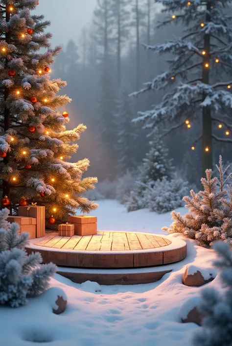 stage support wood , around snow with christmas tree, with vanilla and cinnamon in the air 