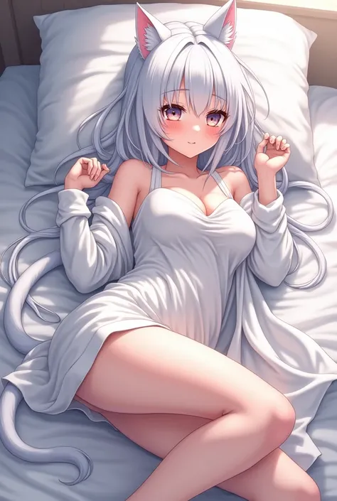 Japanese anime style，White-haired girl，On the bed，Wear white，Charm，A little bit of reality，Some body details，Cat girl，Bust A，