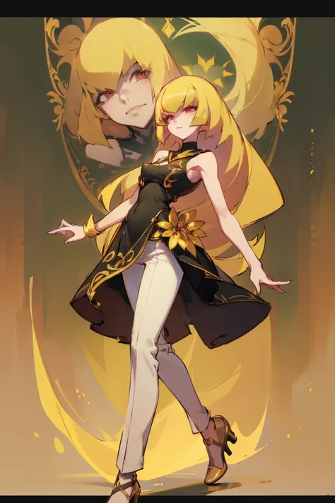 ((Highest quality)), ((masterpiece)), (Familiar), Lusamine,thin,thin,Long blonde hair,Small breasts,Erect nipples,Adult female,Green Eyes,Slanted Eyes,Sleeveless dress,Black Dress,Gold embroidery,White pants style,High heels,Fascinating
