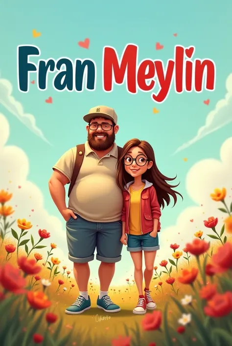 Tall fat white man with a flannel cap and shorts, sports shoes in a field of multi-colored flowers accompanied by his girlfriend, a cinnamon-skinned woman with long brown hair, reading glasses, dressed in home clothes and with the texts Fran and Meylin wit...