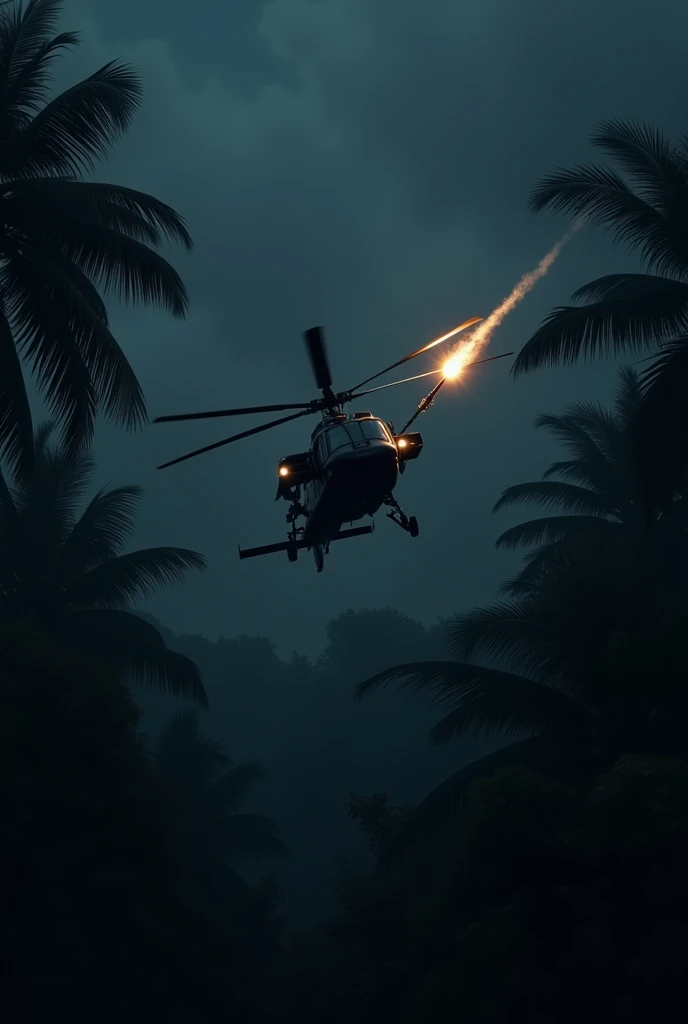 helicopter little bird MH-6 launching missile to the jungle at night.