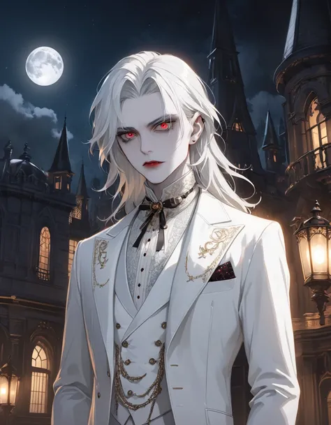 masterpiece, highest quality, (solo focus), (perfect face:1.1), (high detail:1.1),dramatic, 1guy, (pale skin), long white hair, white eyes, solo, long hair, moon, night, white luxury suit, vampire, covered navel, pouty lips, covered, victorian city, detail...