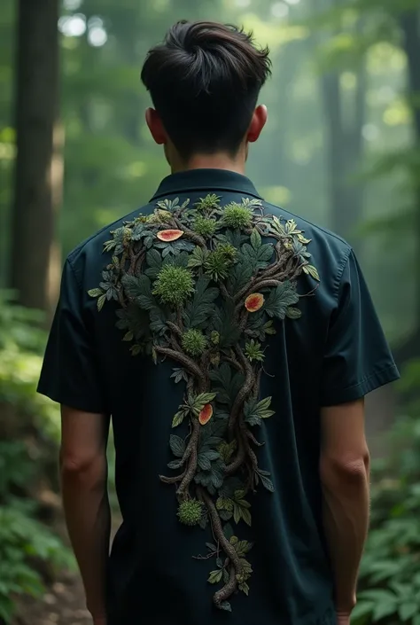 A breathtaking ,  realistic, intricate details,8k,  dark colored shirt  with  nature themed  artistic patterns 