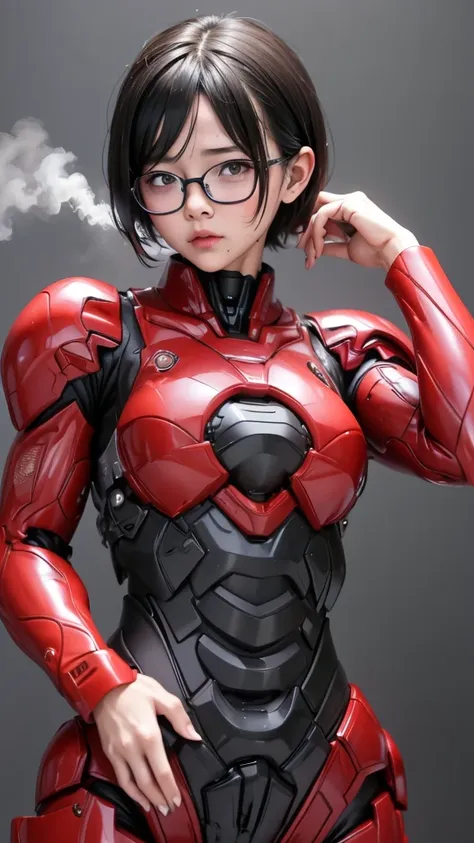 highest quality　8k red robot suit girl　kindergarten　sweaty face　cute　short hair　boyish　steam coming out of my head　my hair is we...