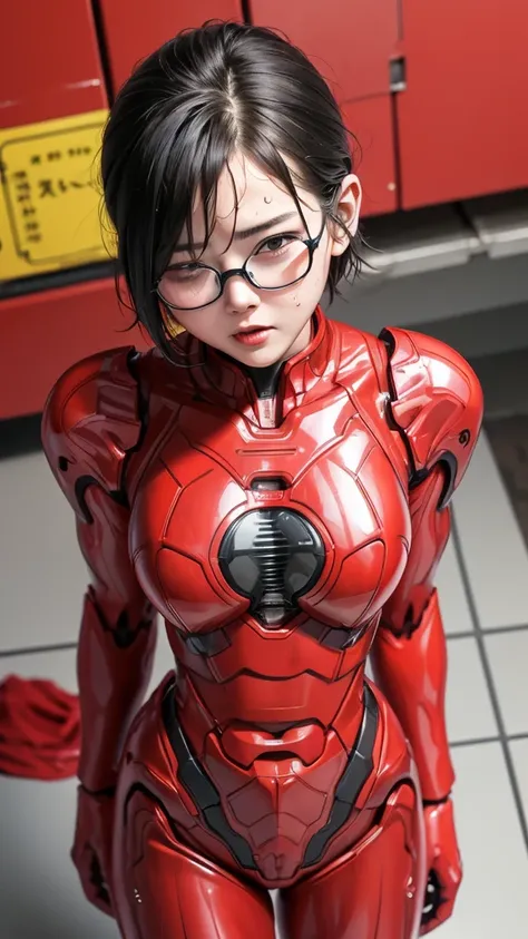 highest quality　8k red robot suit girl　kindergarten　sweaty face　cute　short hair　boyish　steam coming out of my head　my hair is we...