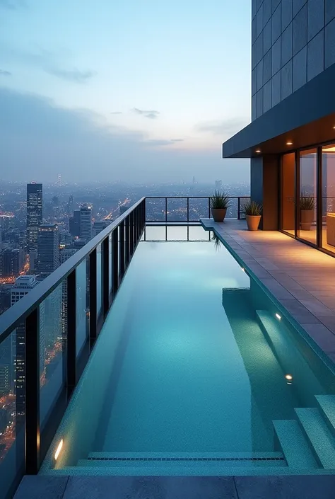 A small square swimming pool on top floor of a building 