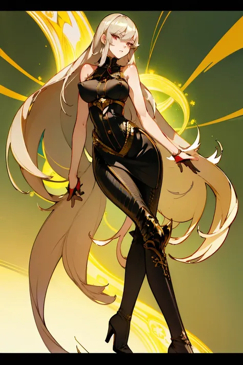 ((Highest quality)), ((masterpiece)), (Familiar), Lusamine,thin,thin,Long blonde hair,Small breasts,Erect nipples,Adult female,Green Eyes,Slanted Eyes,Sleeveless dress,Black Dress,Gold embroidery,White pants style,High heels,Fascinating
