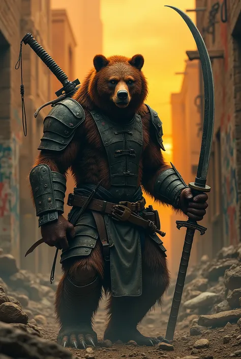 Mid-shot，Dark sci-fi style, Brown bear warrior holding a sharp samurai sword, Wearing scaly high-tech armor, Gloomy expression,Post-apocalyptic dystopian landscape,the ruined city,Rubble and ruins,Orange sky,Graffiti covered wall,Film composition,Ultra Det...