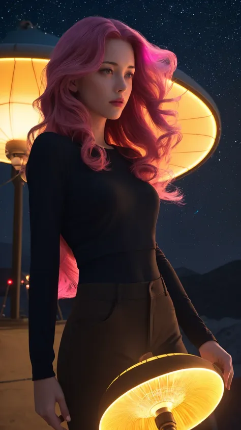 a woman with long pink hair, night sky, neon lights, flying saucer, galaxy background, abduction, black clothes with led lights,...