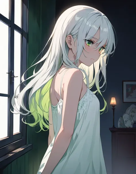 highest quality image、anime style illustrations、midnight、fantasy、beautiful、dimly lit、woman by the window、20-year-old、white hair、...